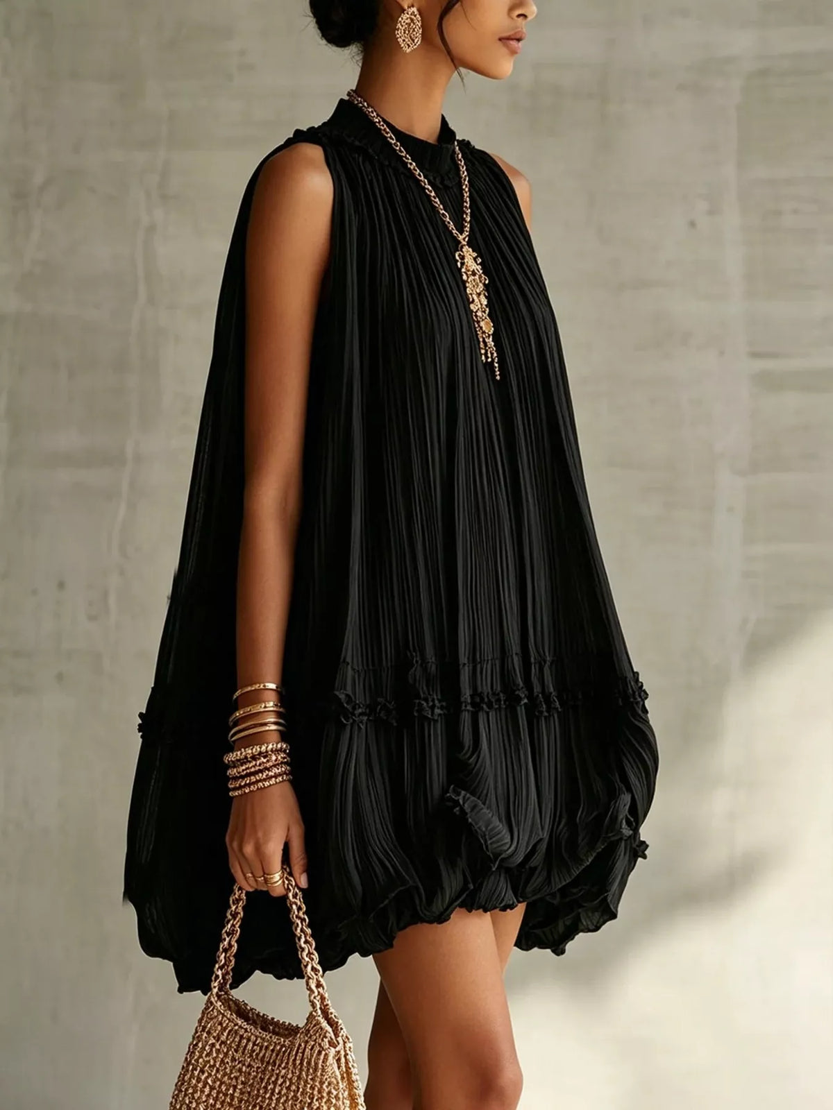 Pleated Mock Neck Sleeveless Mini Dress - Lilixa.store