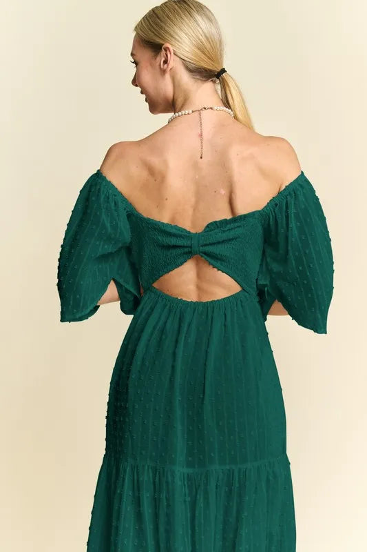 Davi & Dani Swiss Dotted Ruched Ruffle Open Back Midi Dress - Lilixa.store