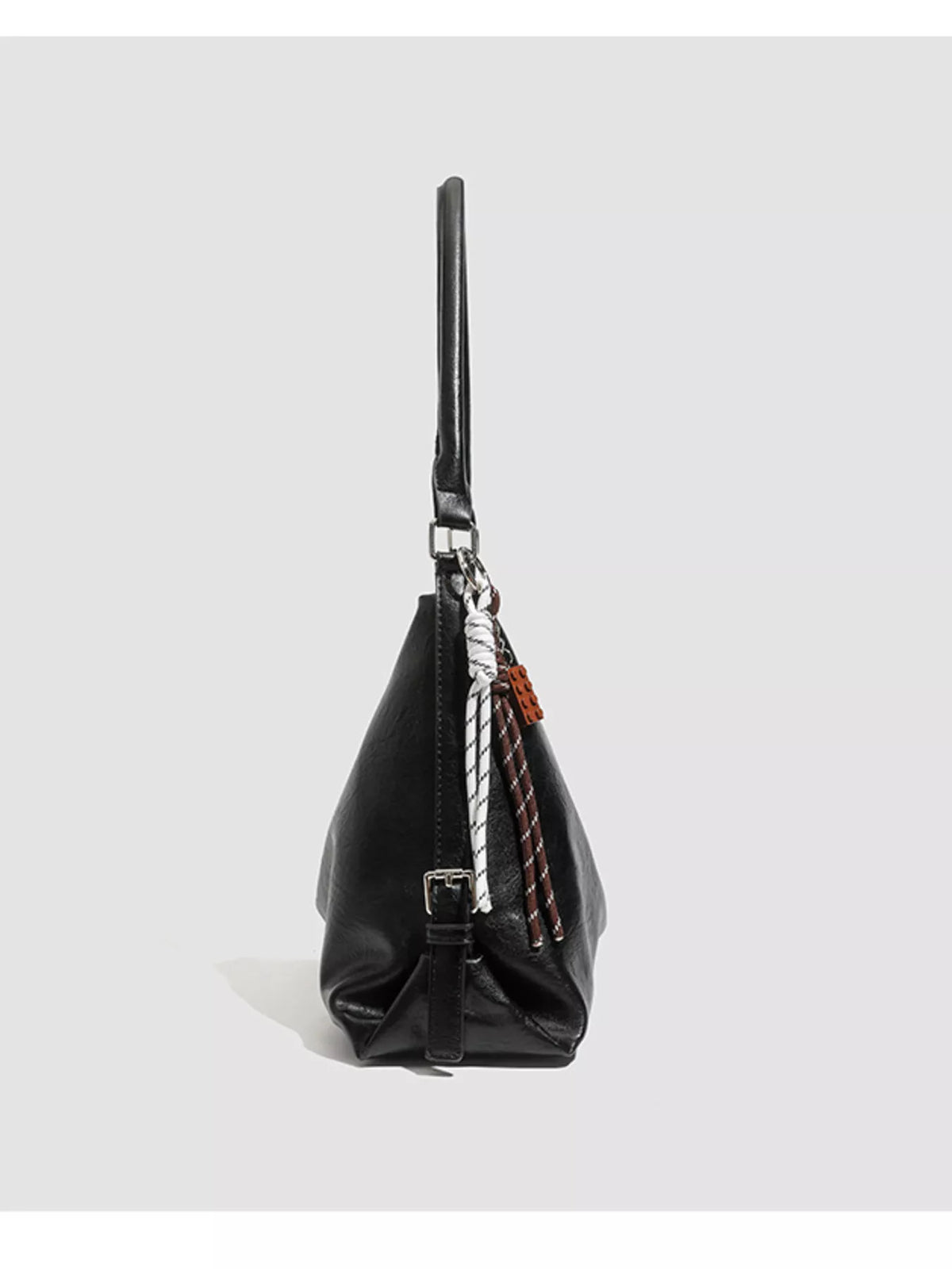 PU Leather Shoulder Bag with Decorative Charm in Black, view 2