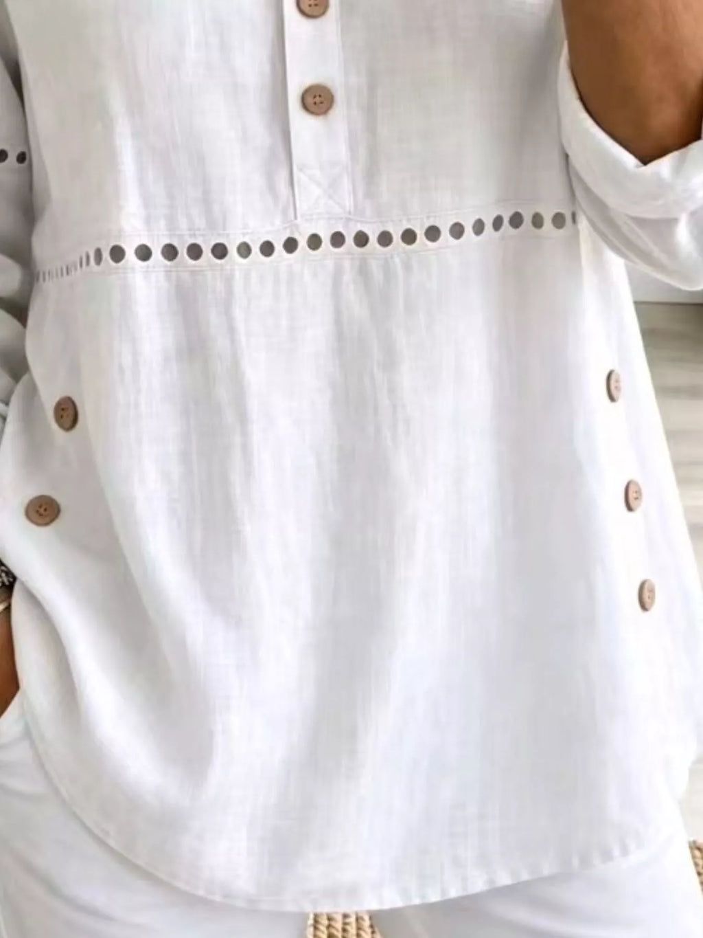 Full Size Button Detail Eyelet Long Sleeve Blouse Plus Size - Lilixa.store