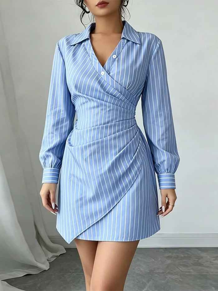 Full Size Striped Long Sleeve Shirt Dress Plus Size in Blue