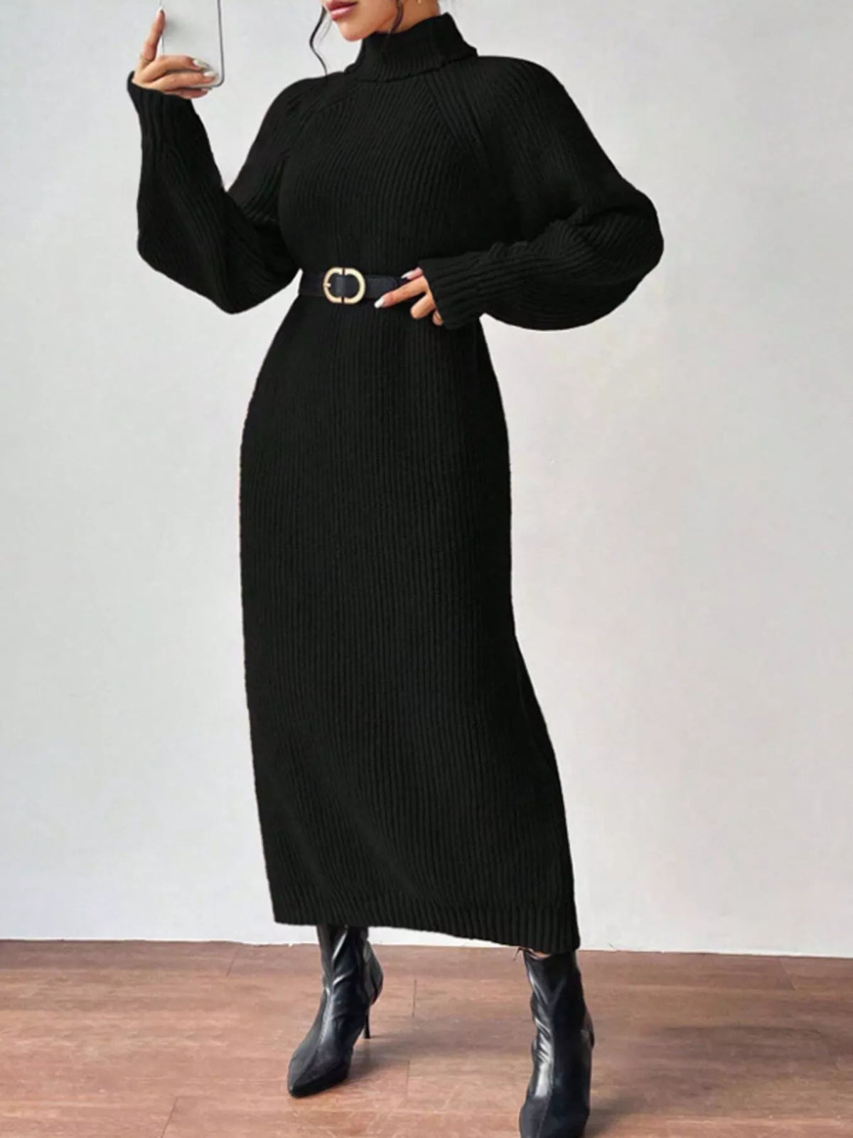Turtleneck Ribbed Knit Midi Sweater Dress