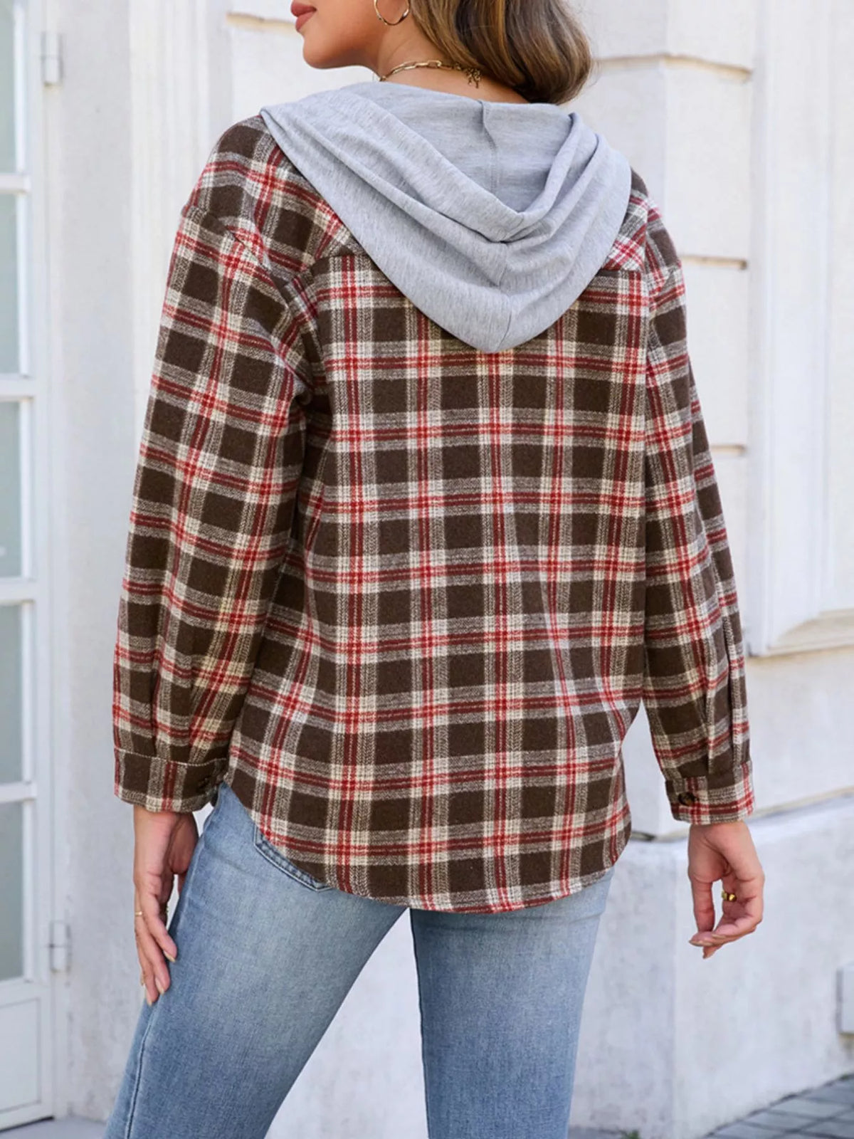 Hooded Plaid Button-Up Shacket, view 10