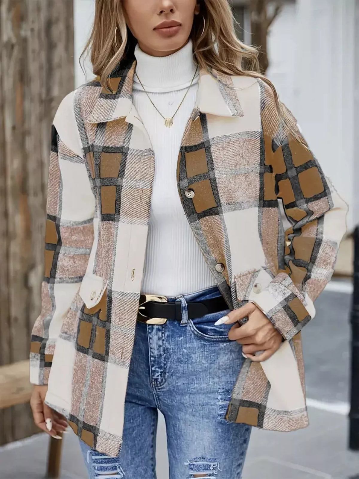 Plaid Button-Up Long Sleeve Shacket in Camel