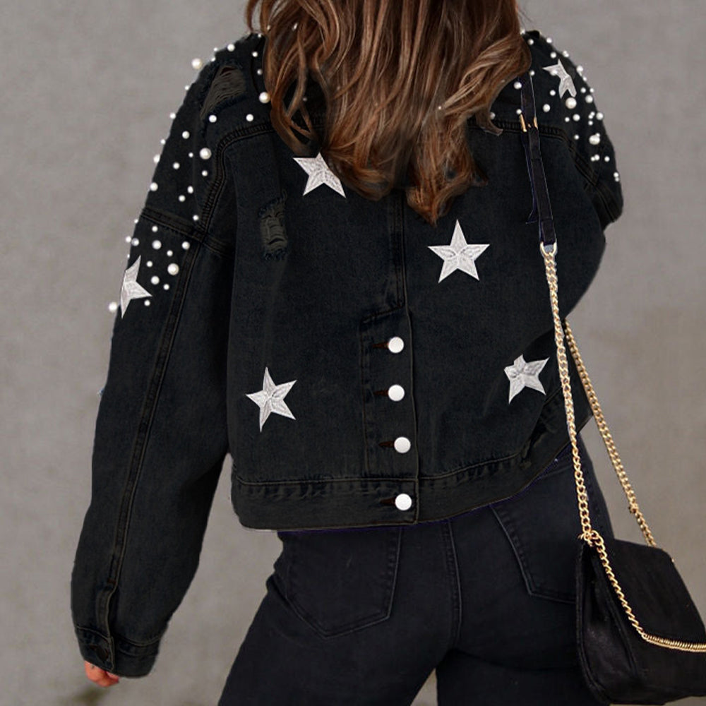 Bead Detail Denim Jacket in Black, view 9