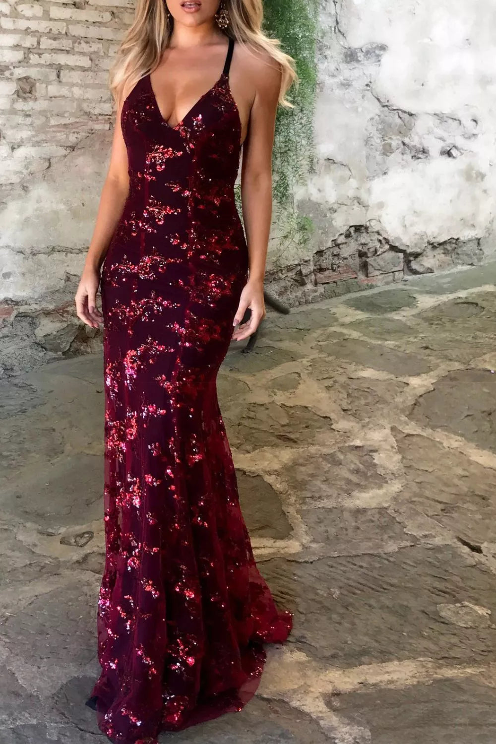 Full Size Sequin Tie Back V-Neck Maxi Dress Plus Size - Lilixa.store