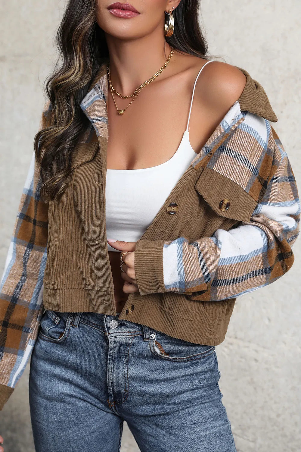 Perfee Plaid Button Up Collared Neck Jacket in Brown, view 5