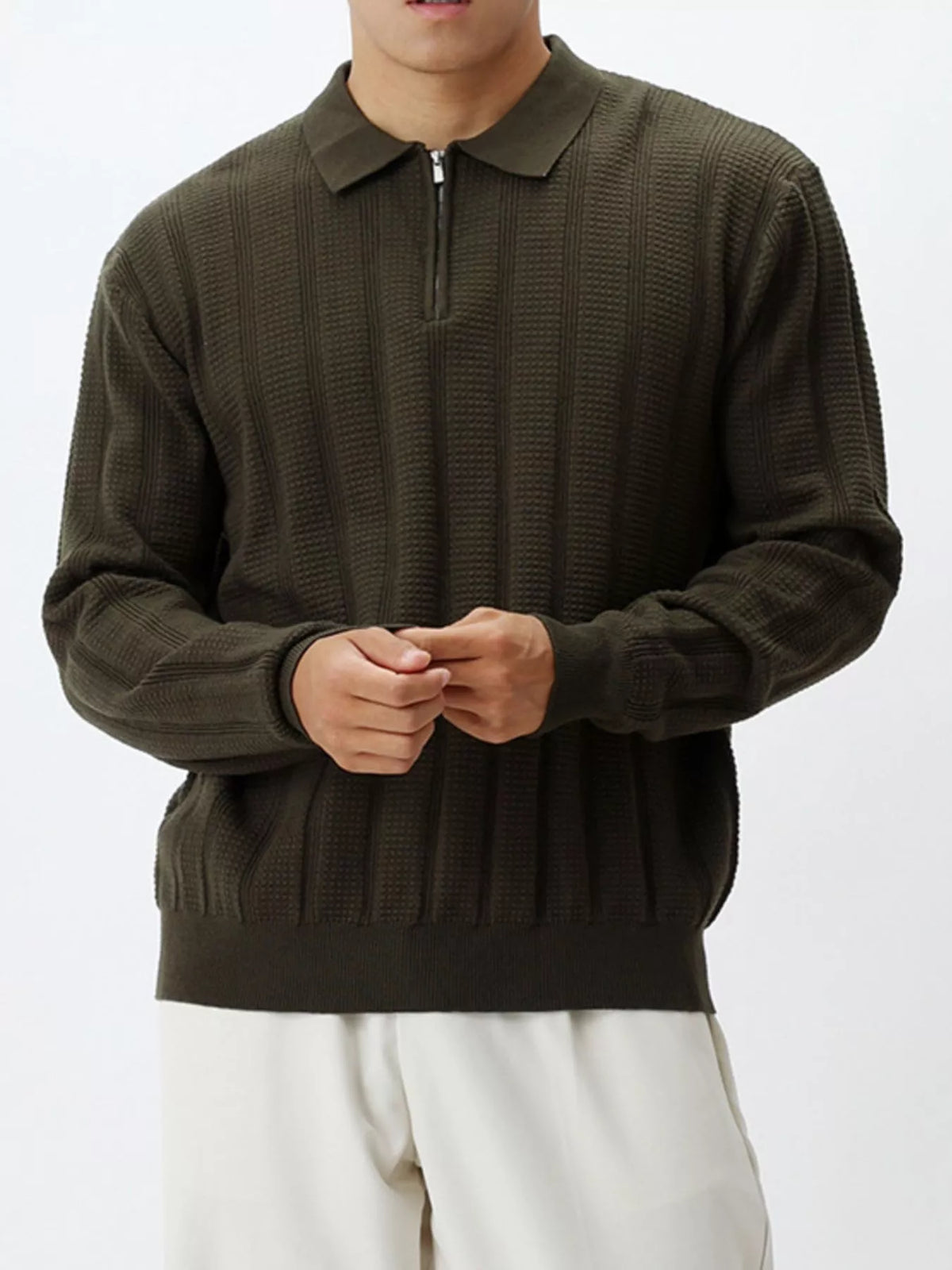 Men's Plus Size Ribbed Quarter-Zip Sweater in Army Green