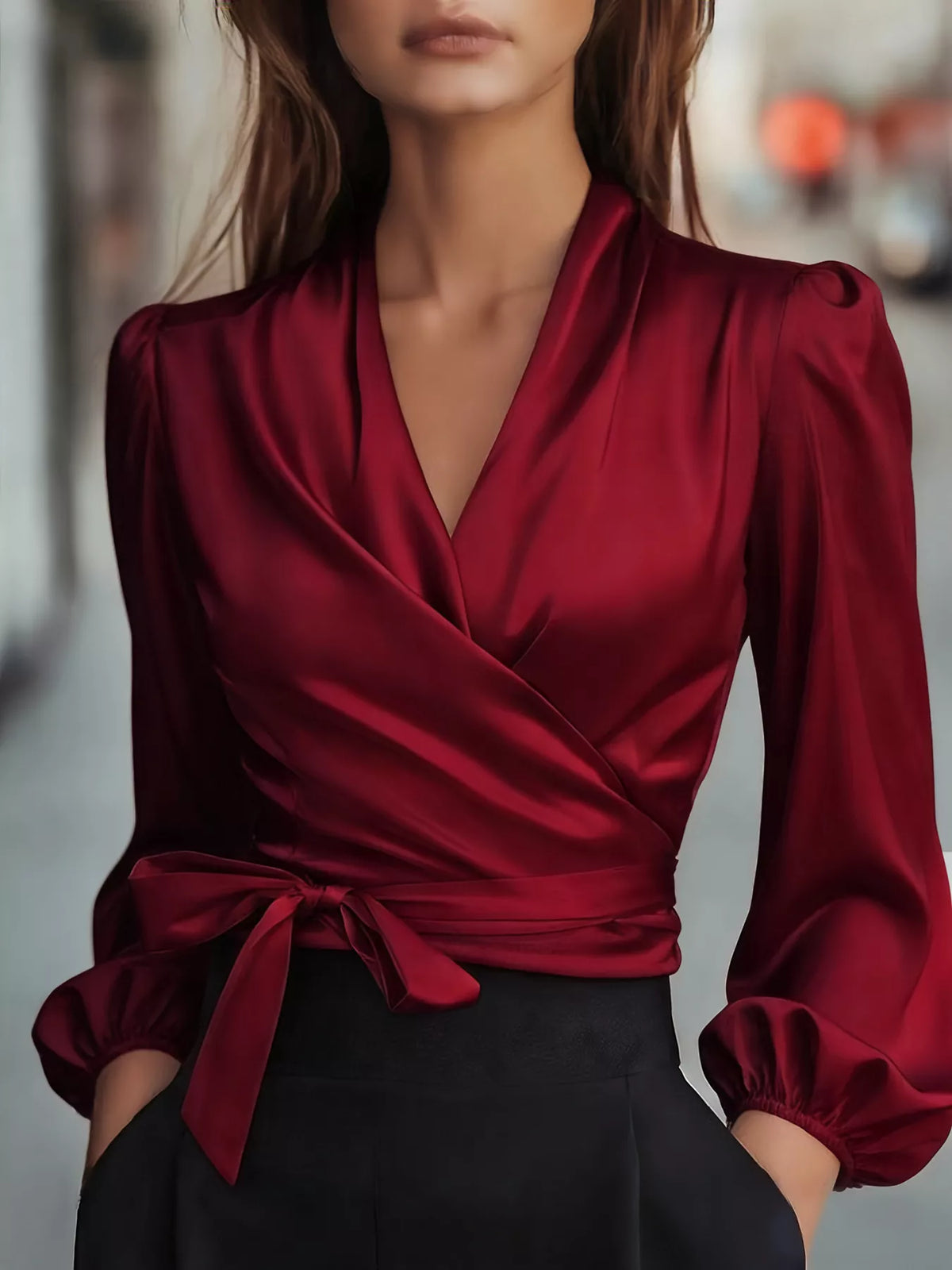 Elegant Satin Wrap Blouse with Bow Detail in Burgundy