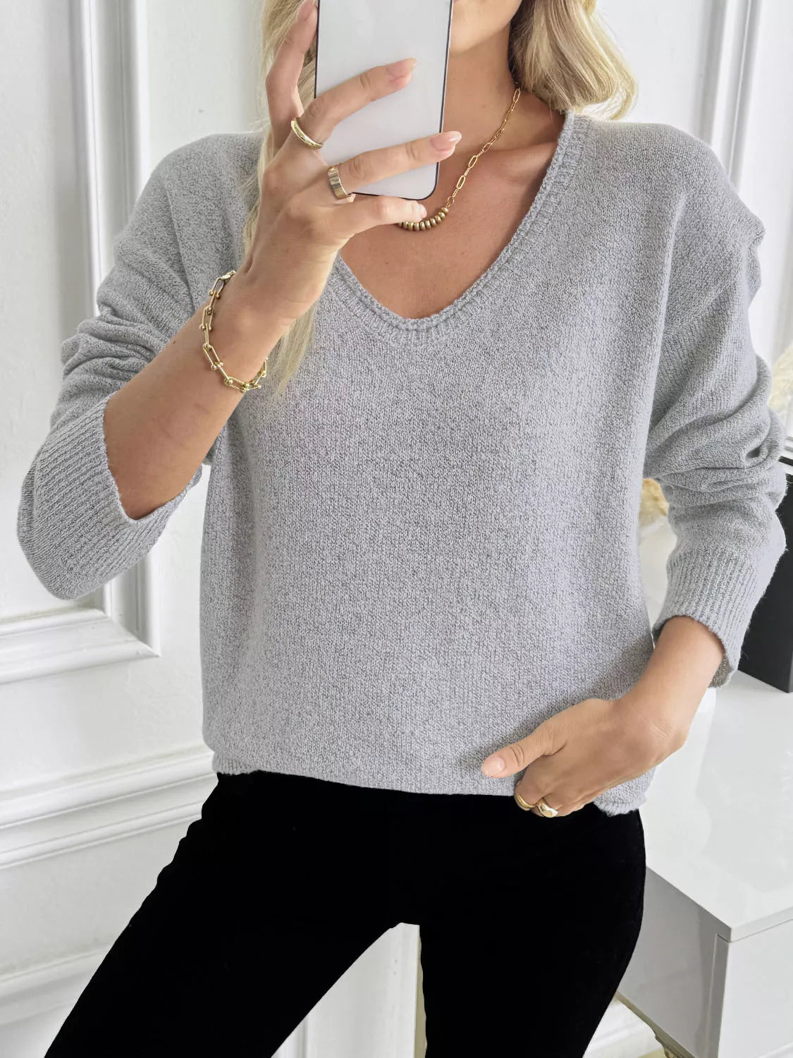 V-Neck Long Sleeve Knit Top - Lilixa.store