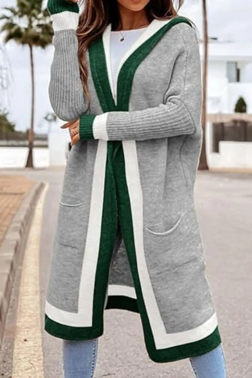 Pocketed Contrast Long Sleeve Hooded Cardigan - Lilixa.store