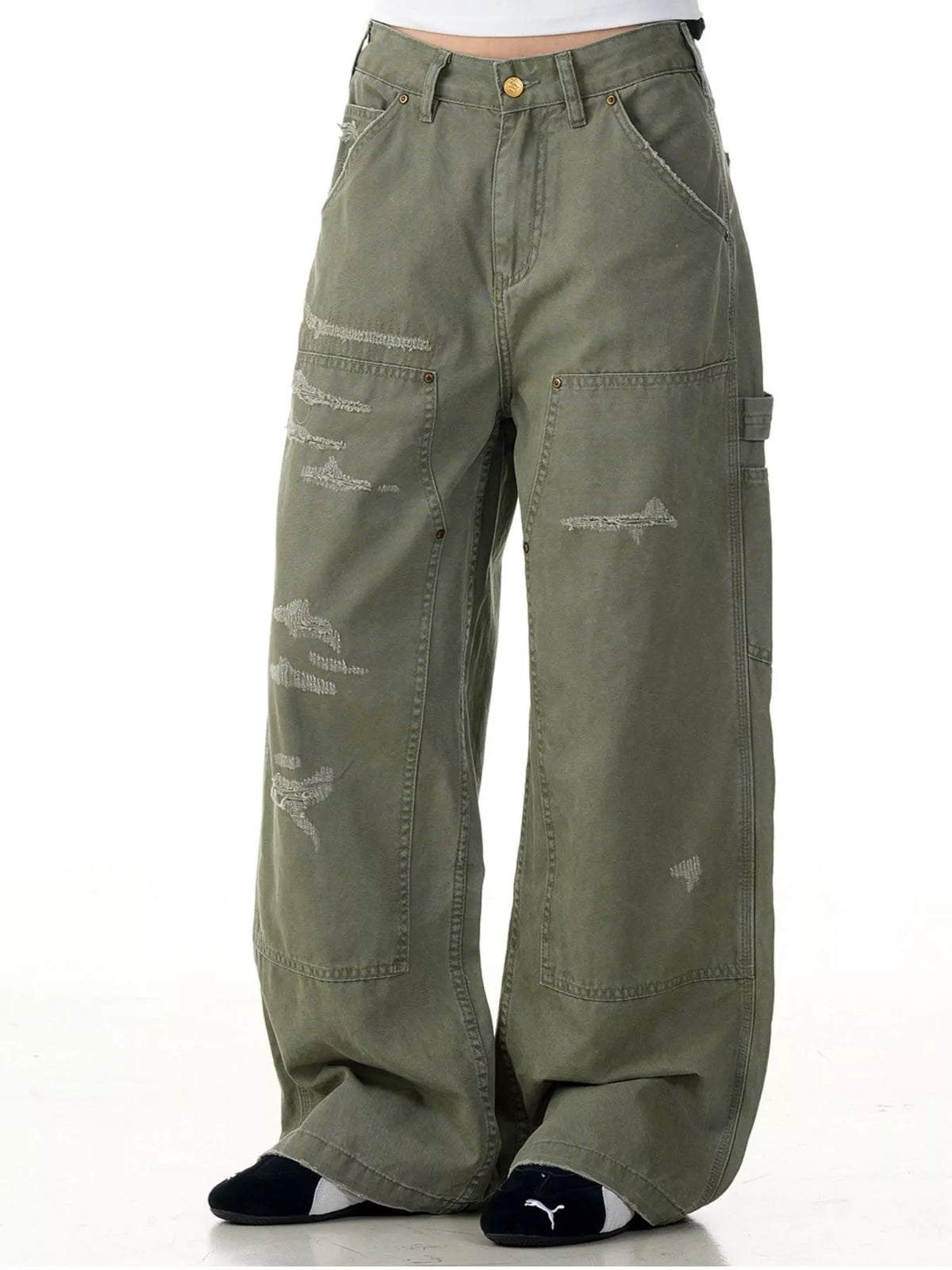 Men's Distressed Wide-Leg Carpenter Pants in Sage, view 3