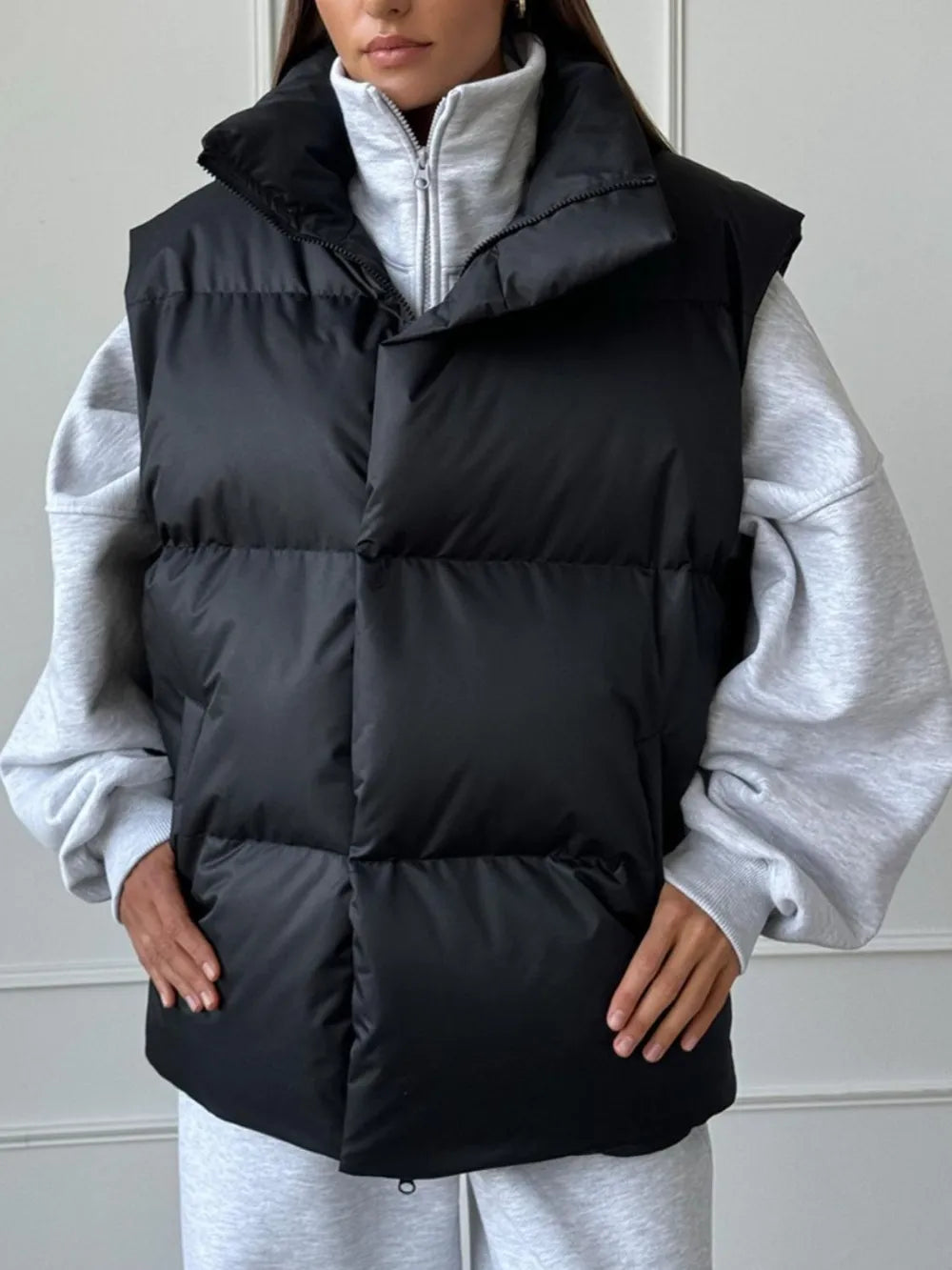 Zip Up Turtleneck Vest Coat in Black