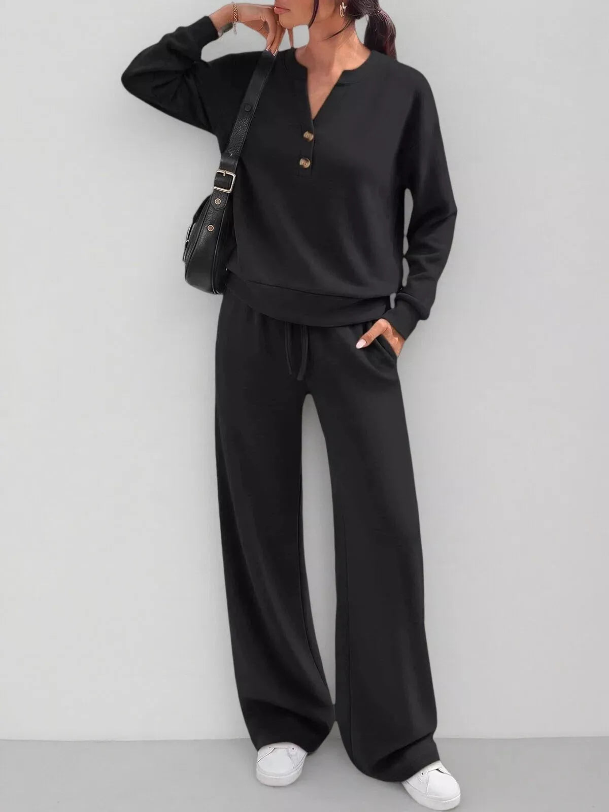 Button Detail Dropped Shoulder Top and Pants Set - Lilixa.store