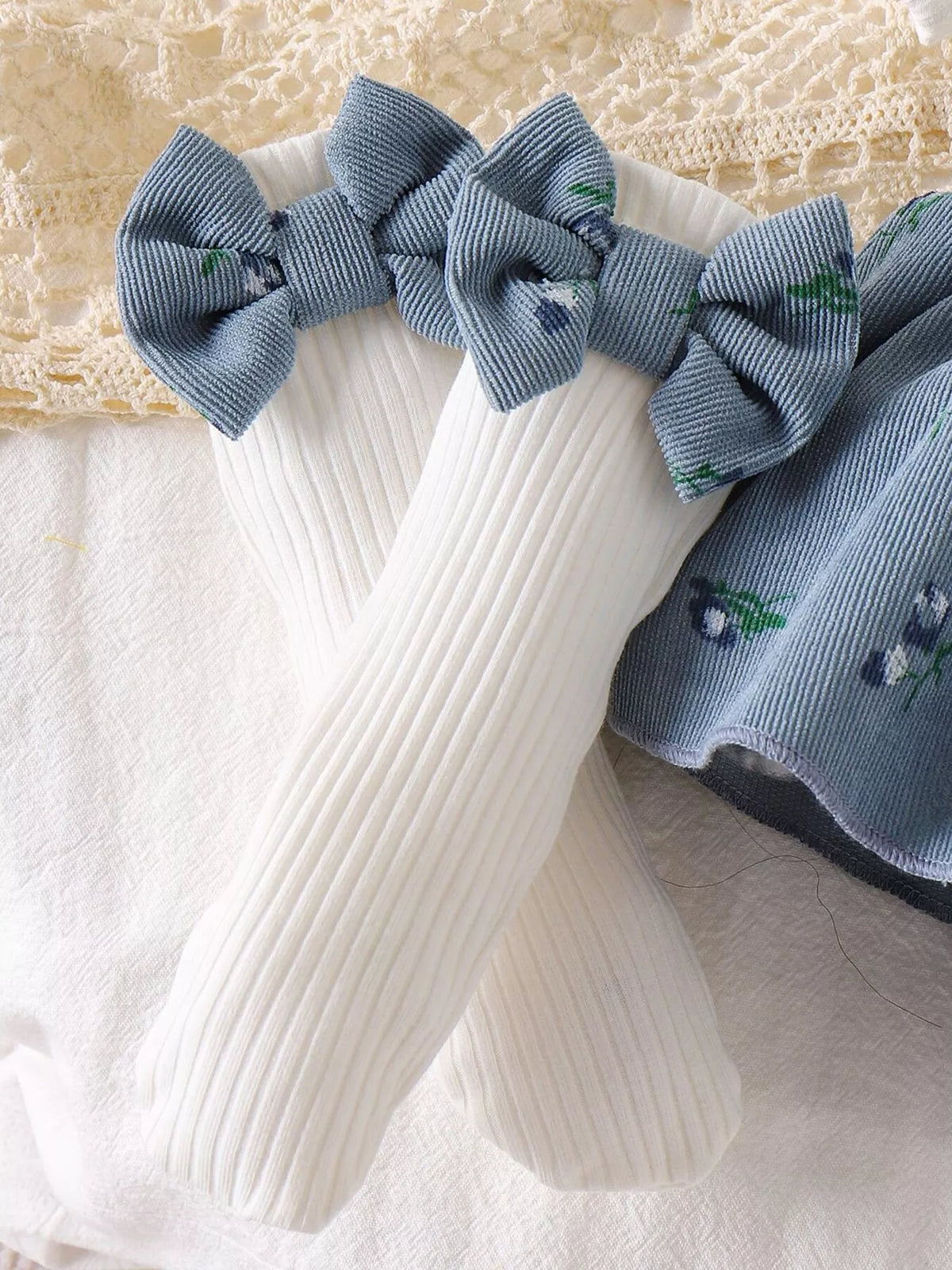 Children's Bow Ribbed Knit Dress & Headband & Socks Set - Lilixa.store