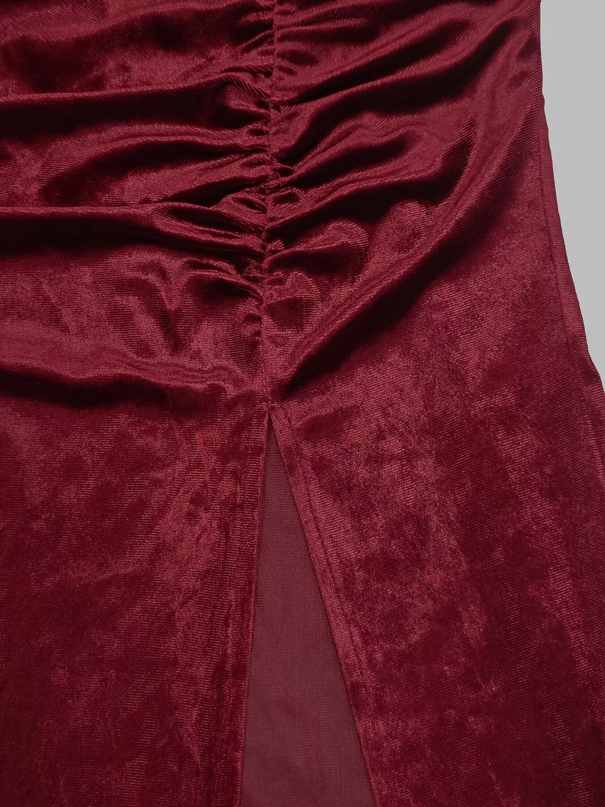 Velvet Mock Neck Ruched Slit Maxi Dress in Burgundy, view 5