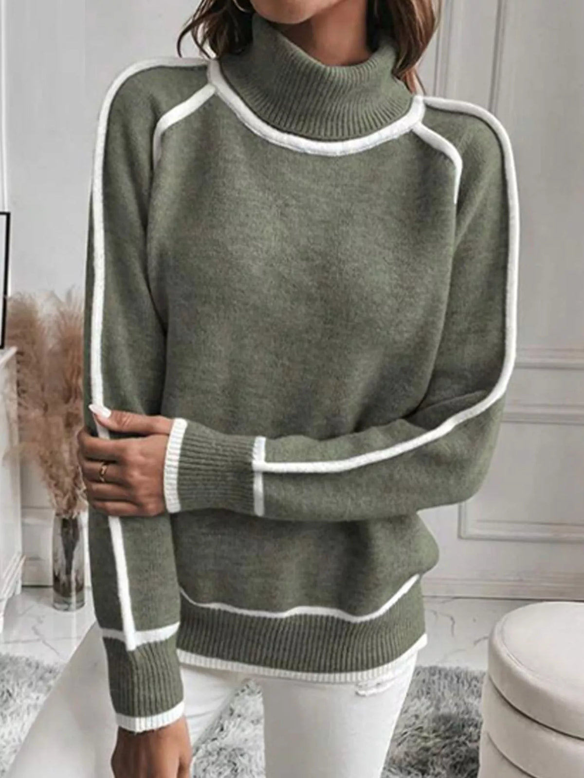 Full Size Contrast Trim Ribbed Hem Turtleneck Sweater Plus Size