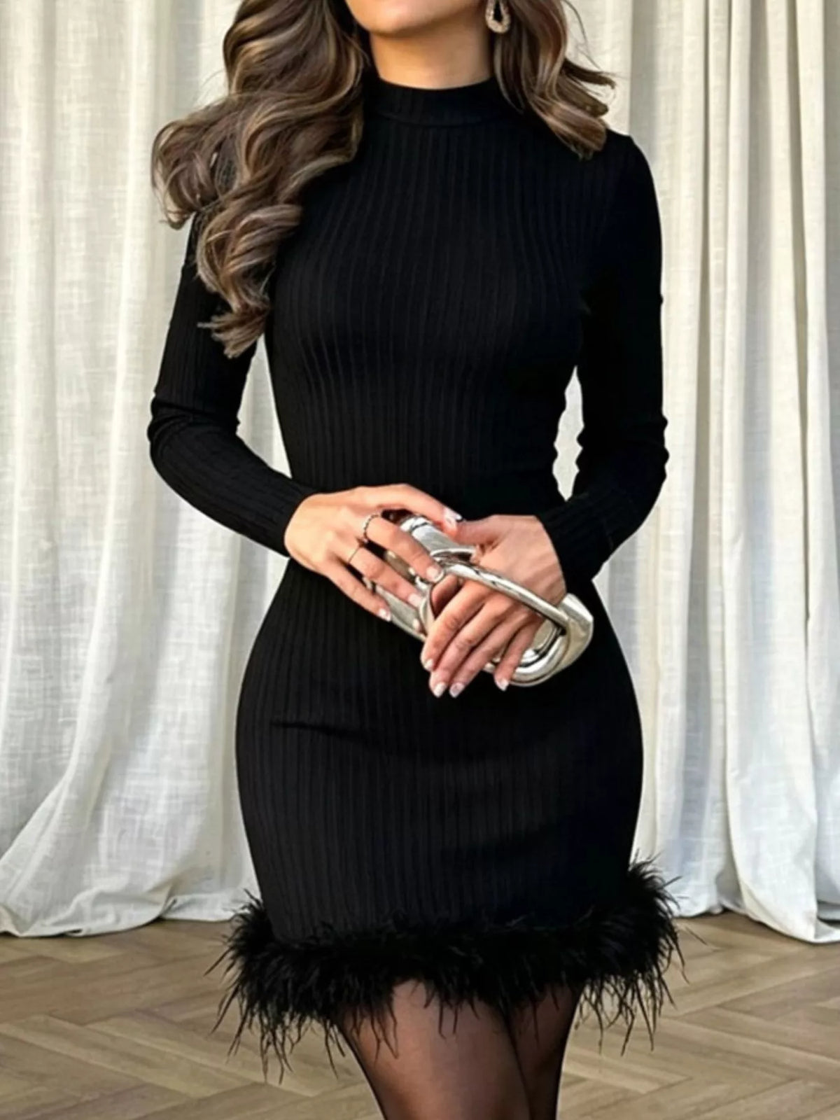 Ribbed Knit Bodycon Dress with Feather Trim