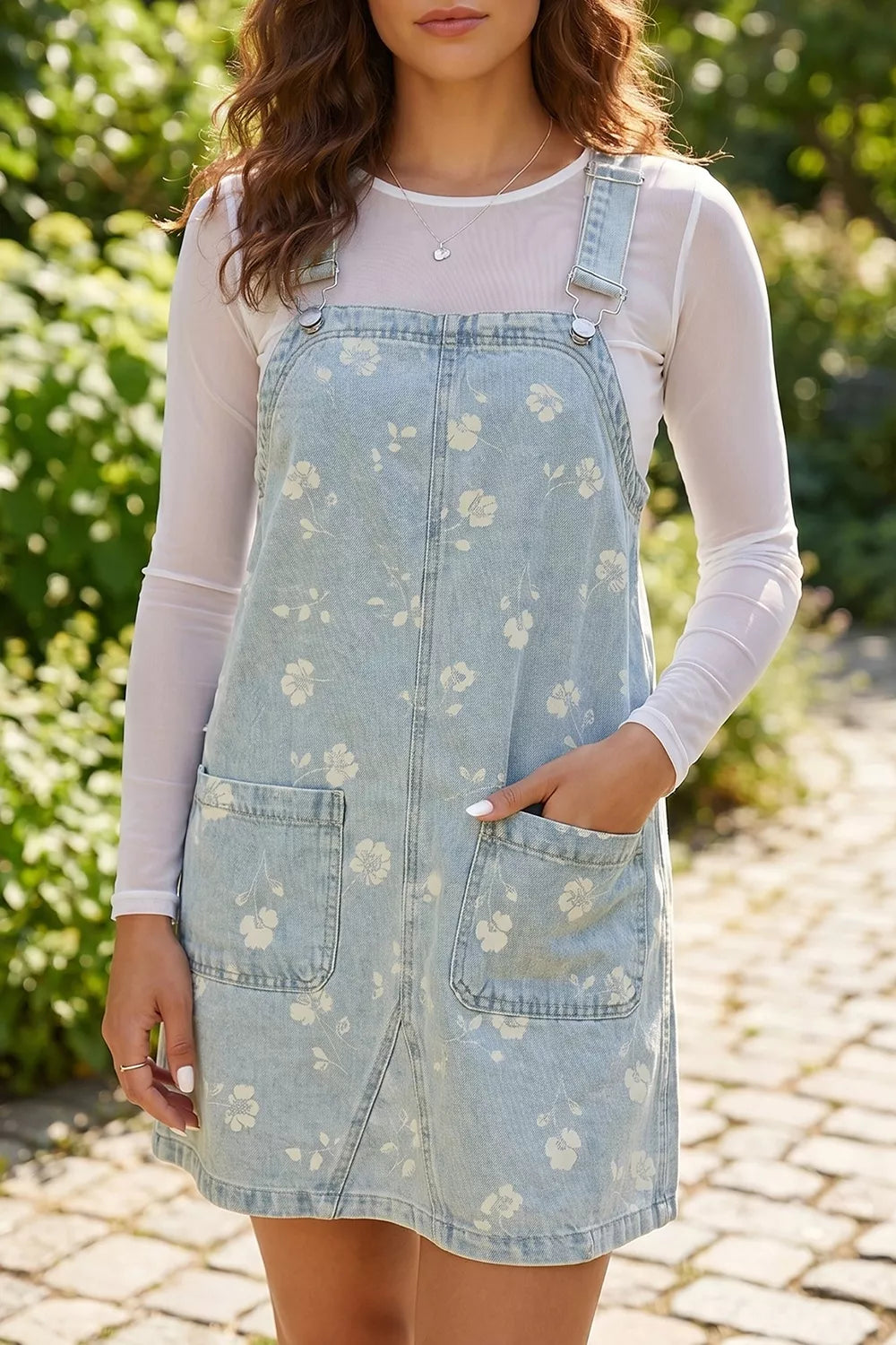 Wash Denim Floral Print Overall Mini Dress - Lilixa.store