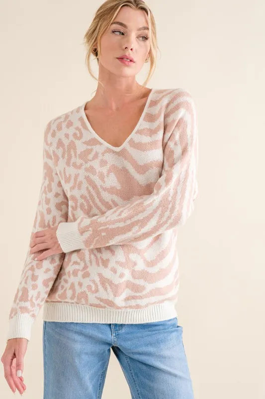 And The Why Leopard Zebra Combo Casual Sweater Top in Pale Pink, view 2