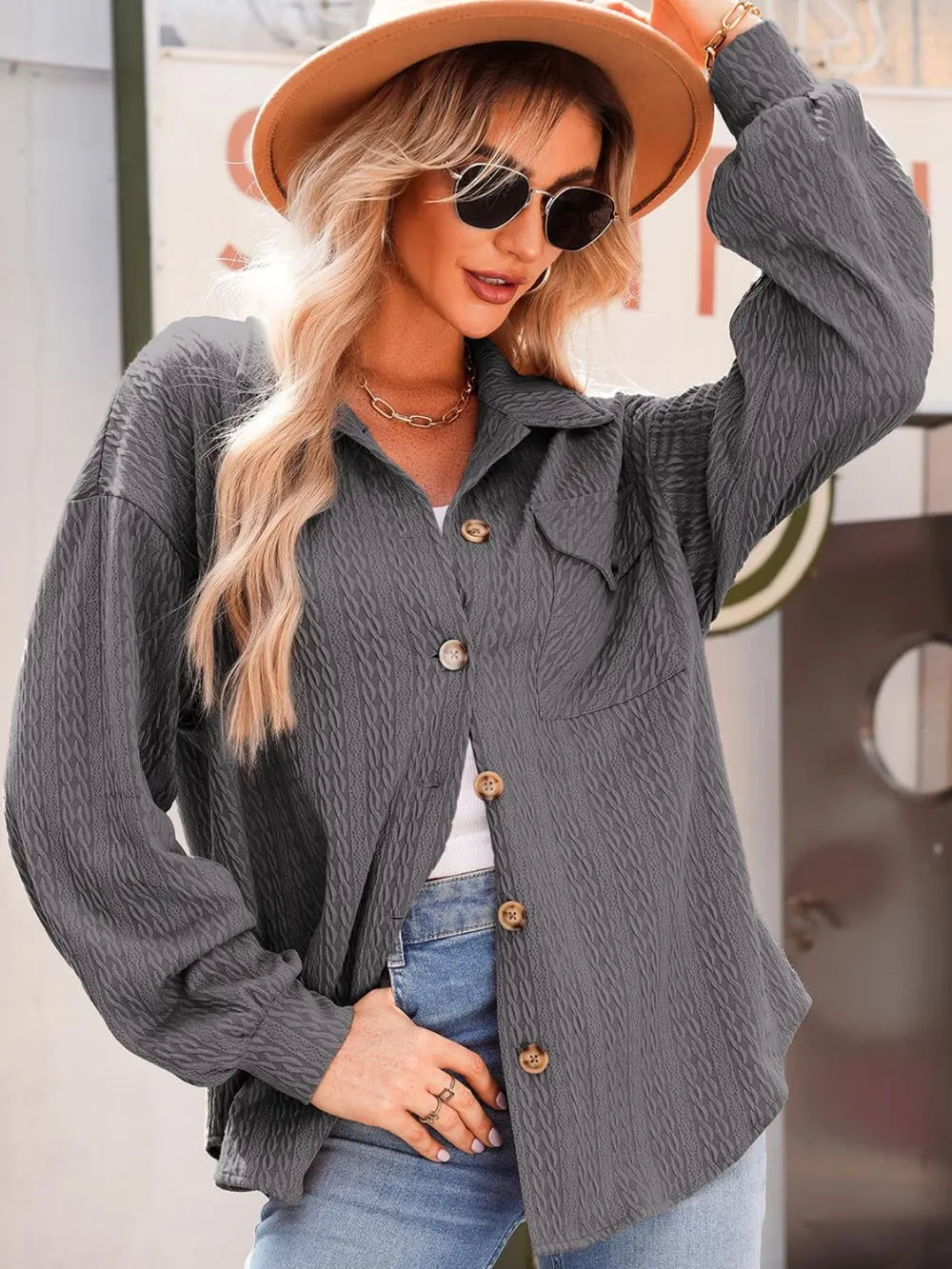 Textured Button Up Long Sleeve Shacket, view 3