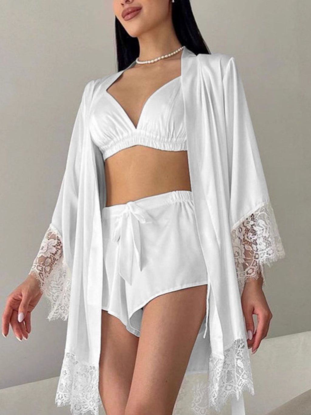 Cami & Lace Trim Cardigan & Shorts Lounge Set - Lilixa.store