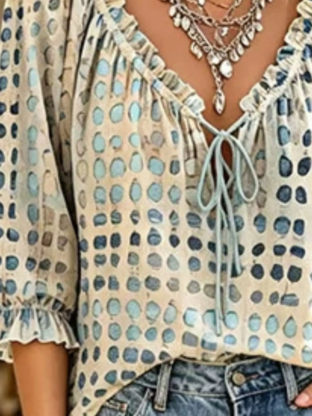 Full Size Tie Neck 3/4 Sleeve Blouse Plus Size - Lilixa.store