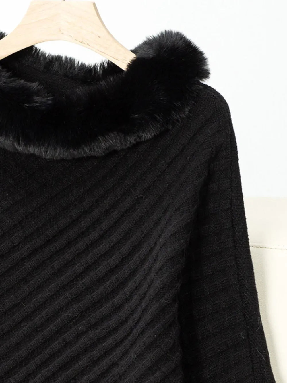 Fuzzy Trim Texture Three-Quarter Sleeve Poncho - Lilixa.store