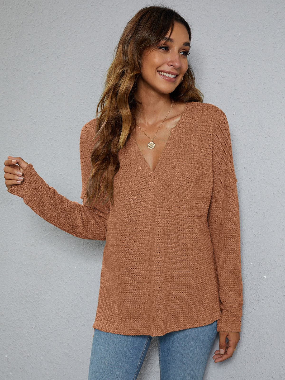 Dropped Shoulder High-Low Waffle-Knit Top, view 4