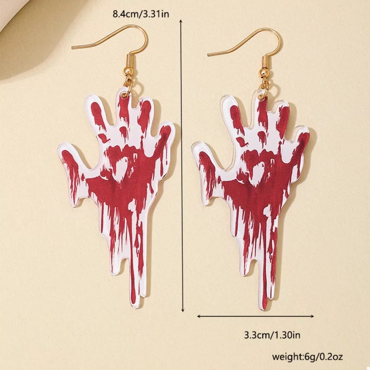 Halloween Bloody Hand Dangle Earrings in Red, view 5