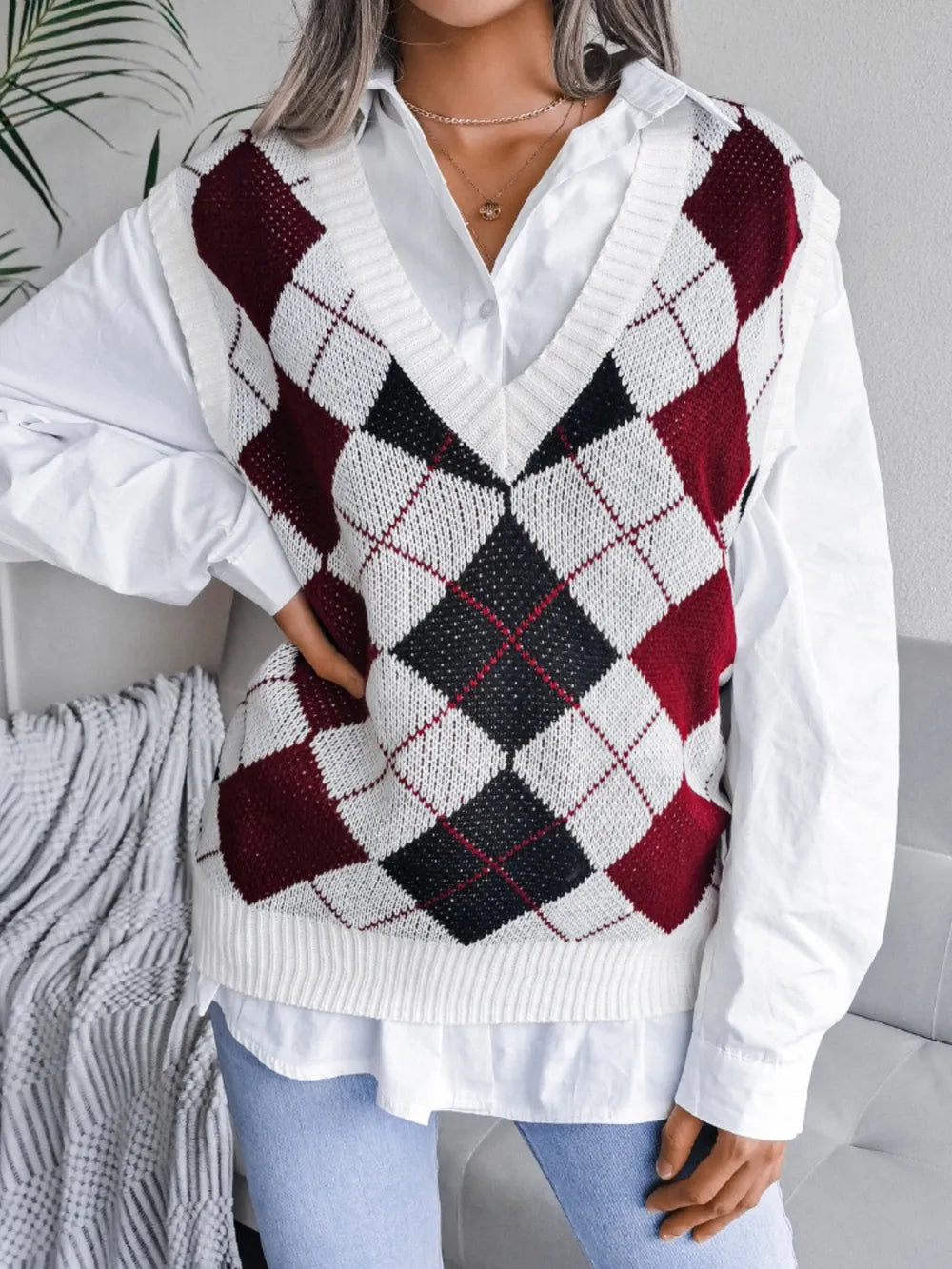 Plaid V-Neck Sweater Vest - Lilixa.store