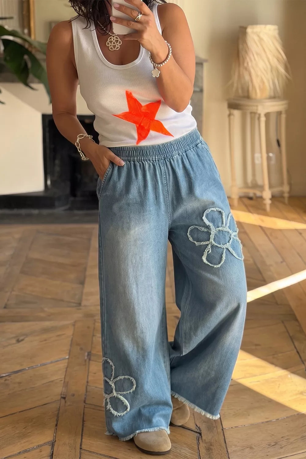 Frayed Floral Patch Wide Leg Raw Hem Wide Leg Jeans - Lilixa.store