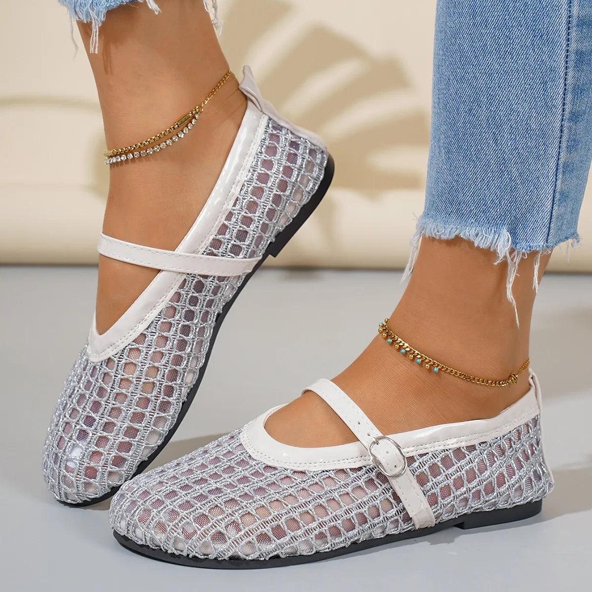 Woven Mesh Mary Jane Sandals with Buckle Strap, view 5