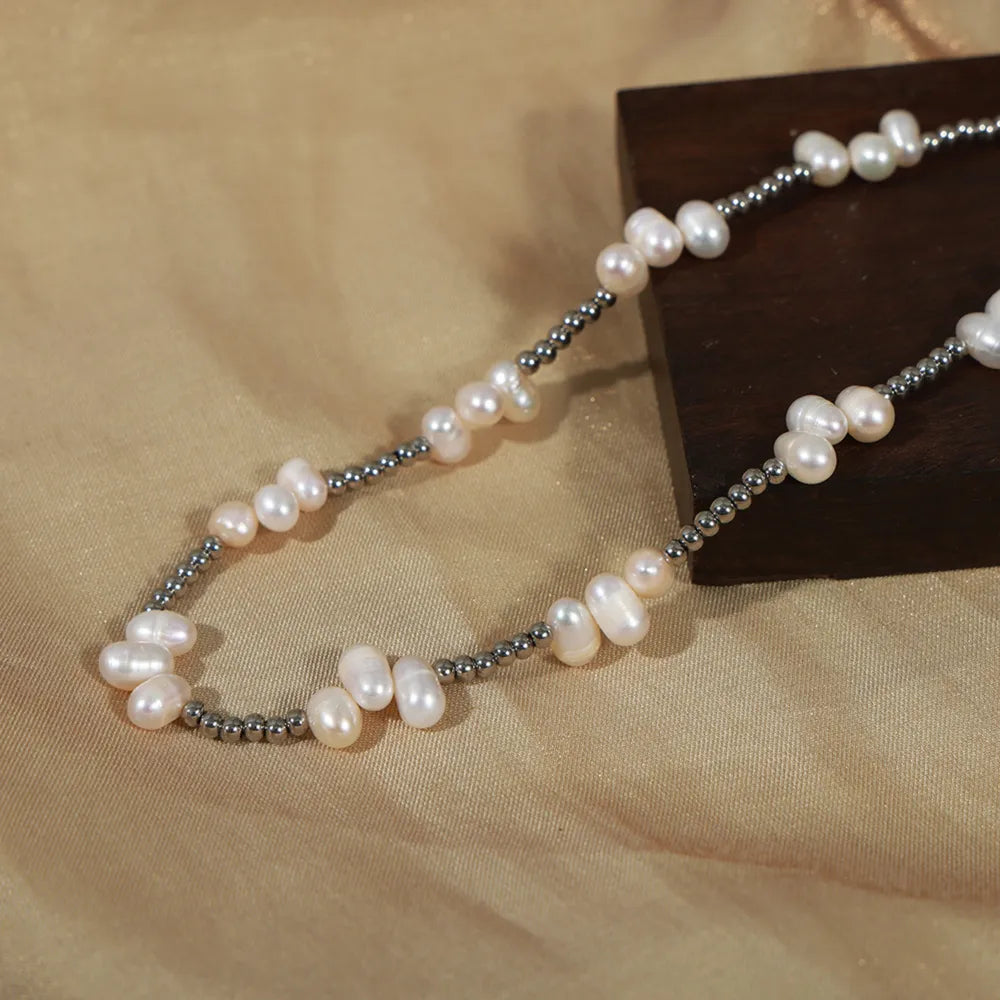 Freshwater Pearl Titanium Steel Bead Necklace in Silver, view 2