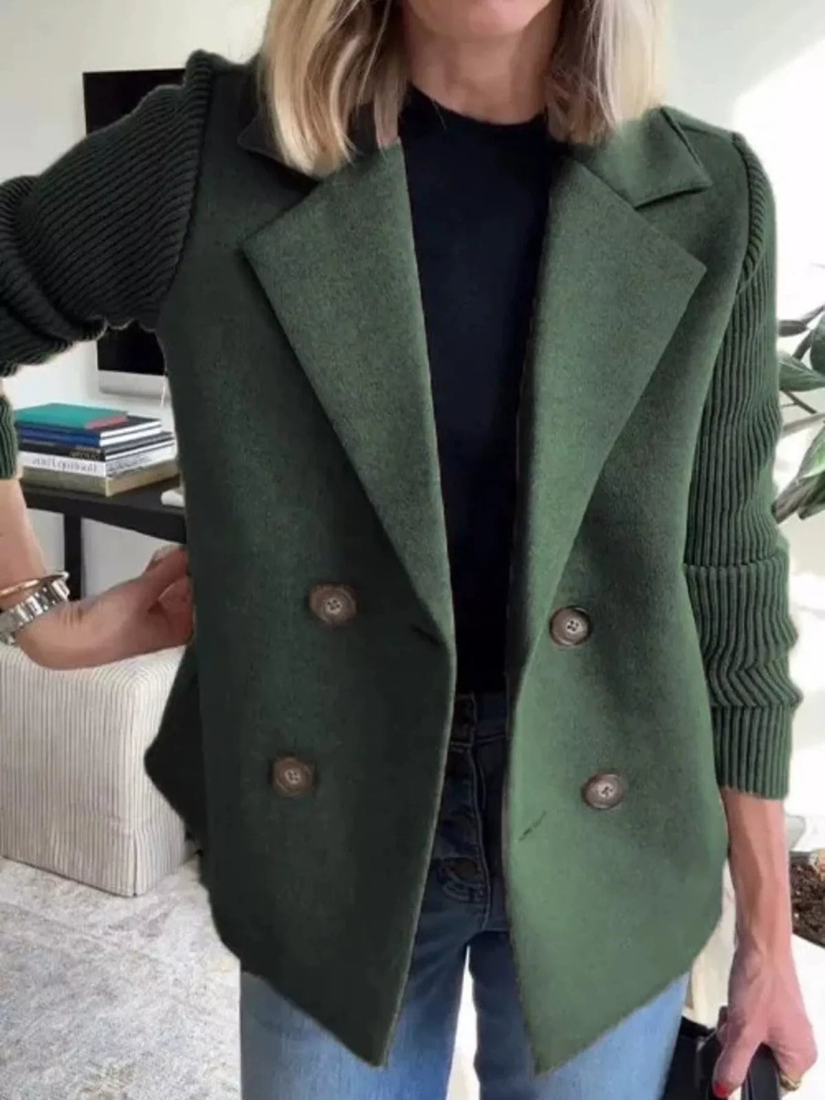 Full Size Knitted Sleeve Wool Blend Double-Breasted Blazer Plus Size - Lilixa.store