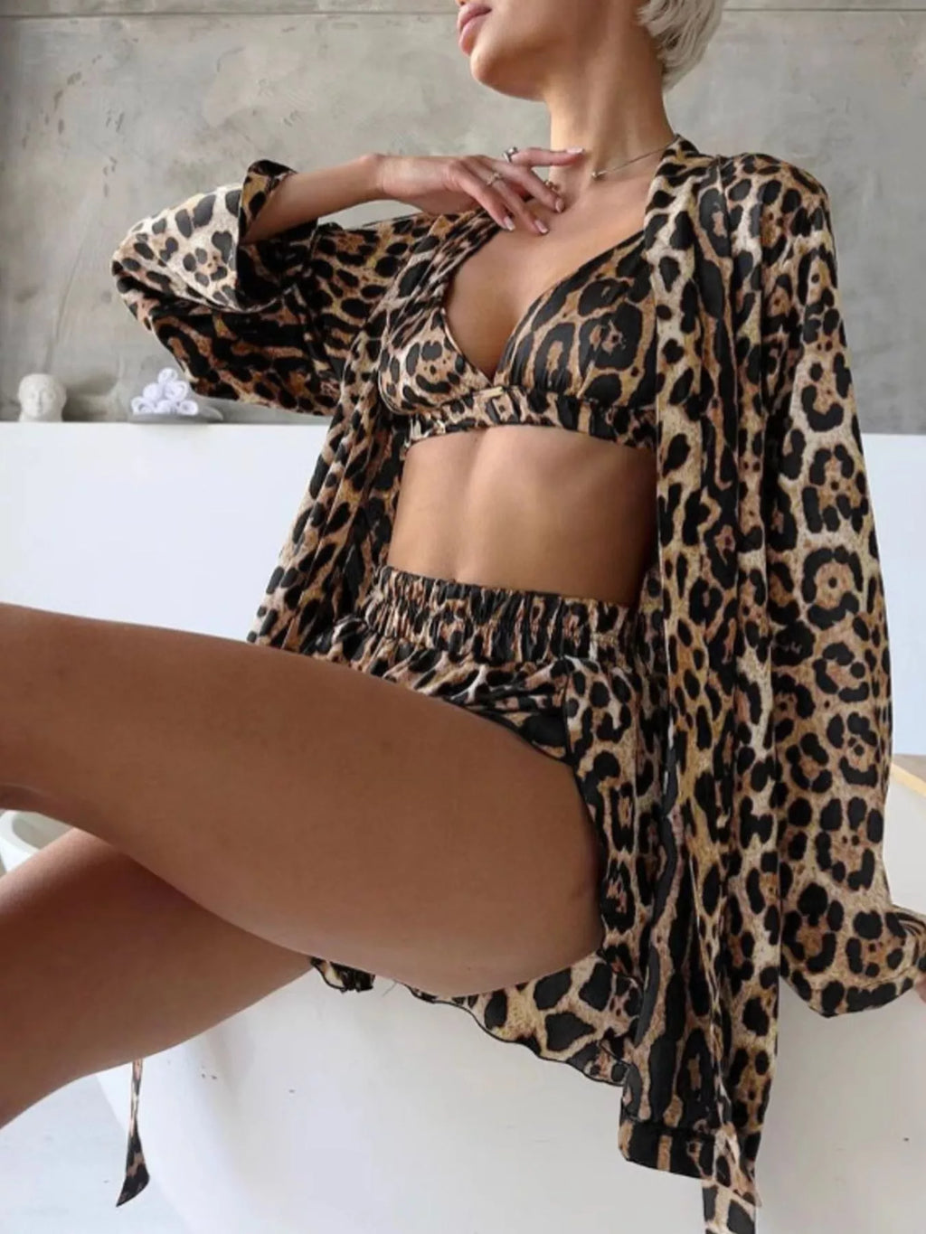 Leopard Bra & Cardigan and Shorts Set - Lilixa.store
