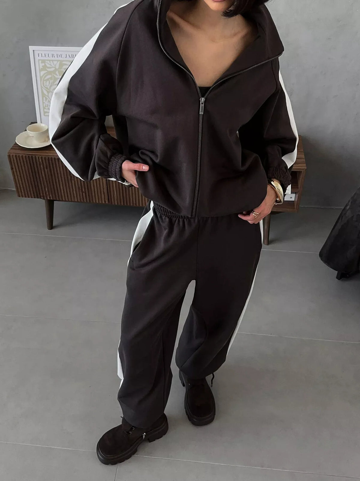 Contrast Side Stripe Zip Up Top and Pants Set - Lilixa.store