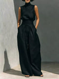 Full Size Turtleneck Sleeveless Top and Wide Leg Pants Set Plus Size - Lilixa.store