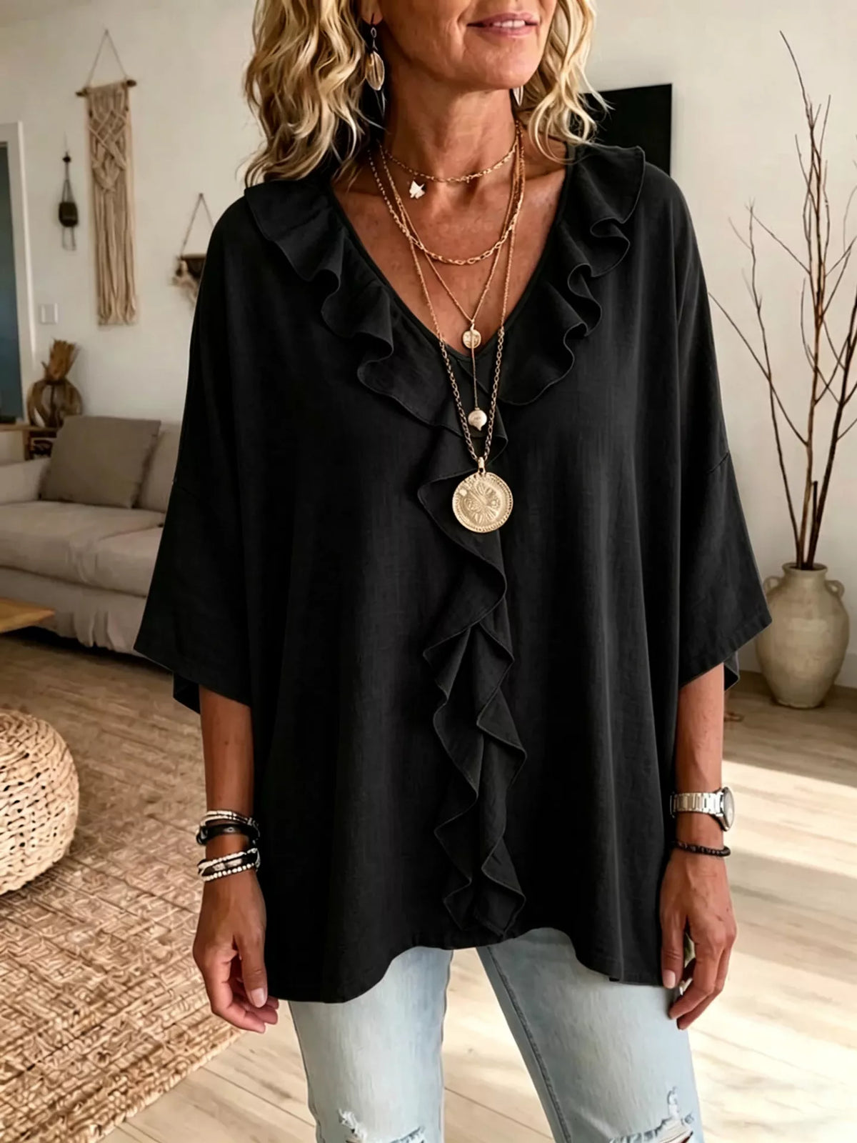 Full Size Ruffled V-Neck 3/4 Sleeve Blouse Plus Size in Black