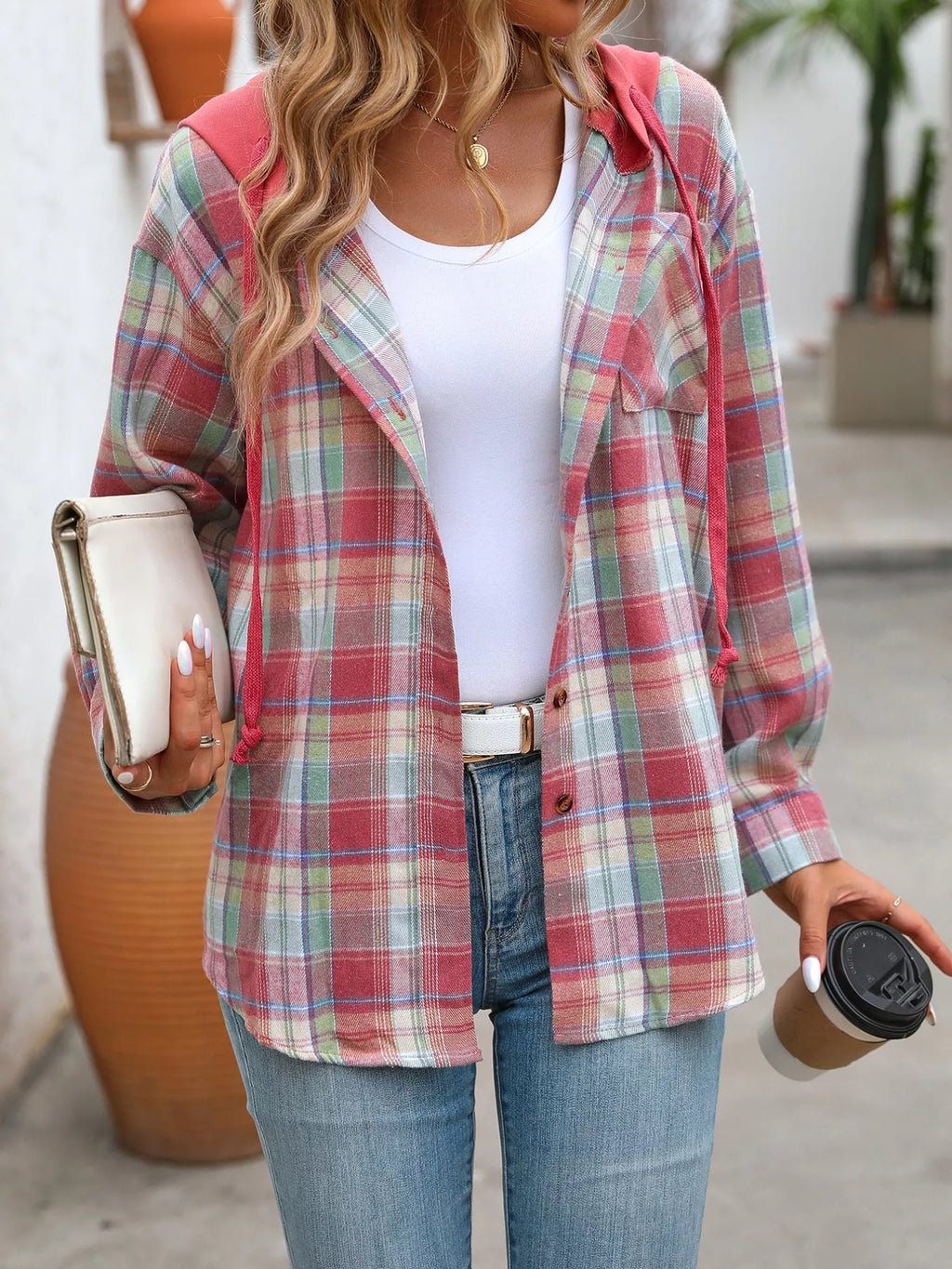 Plaid Button-Up Hooded Shirt with Chest Pocket - Lilixa.store