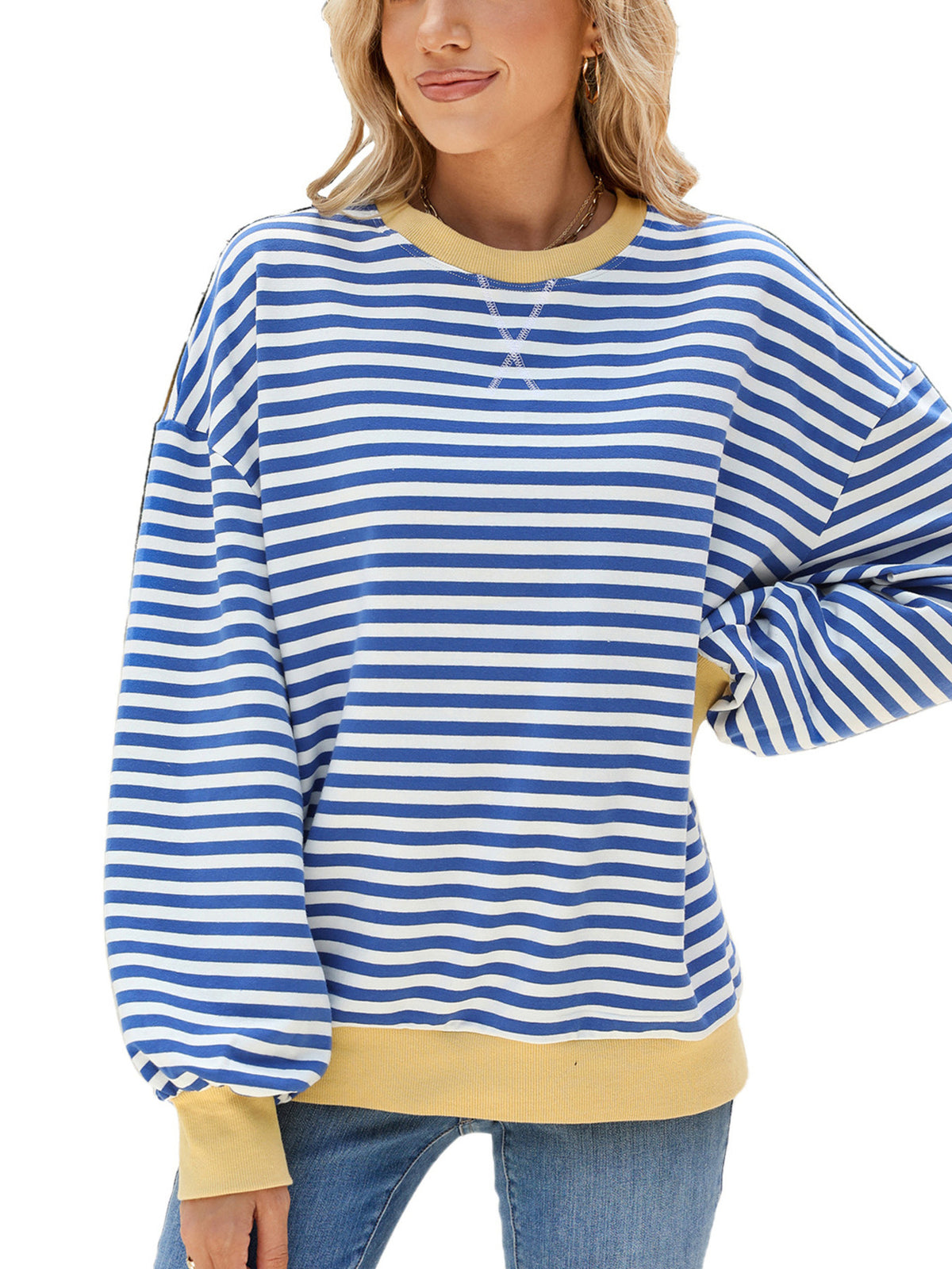 Striped Crew Neck Long Sleeve Sweatshirt - Lilixa.store
