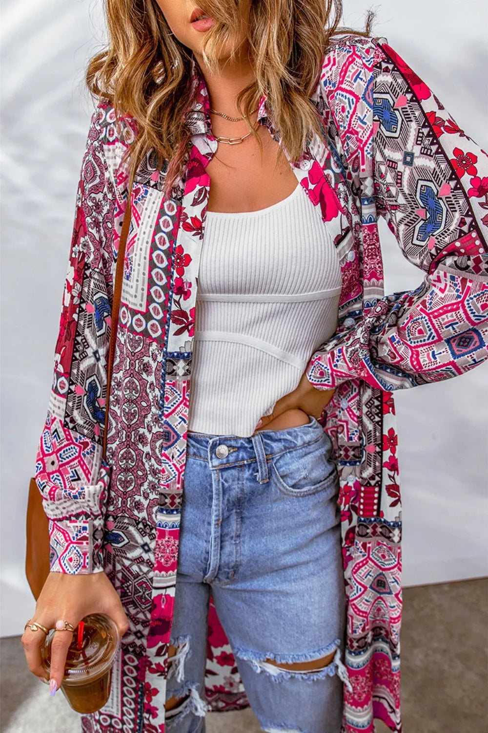 Printed Button Up Long Sleeve Cardigan, view 2
