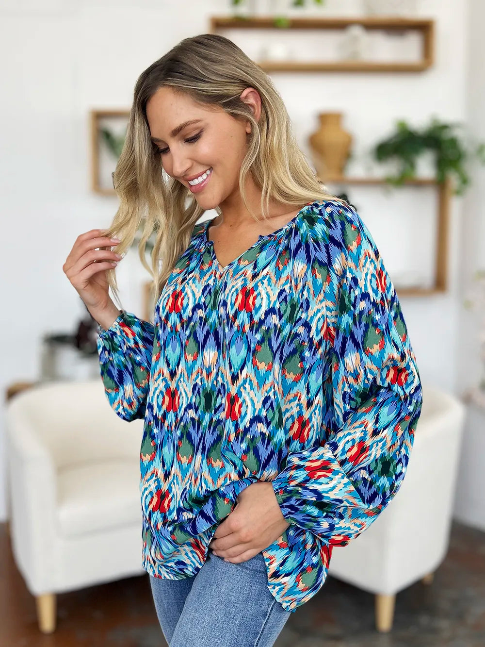 Double Take Full Size Printed Balloon Sleeve Blouse - Lilixa.store