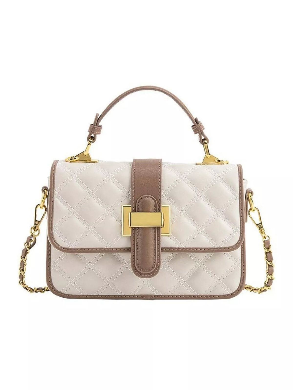 Quilted Contrast Crossbody Bag with Gold-Tone Hardware and Chain Strap in Off-white, view 8
