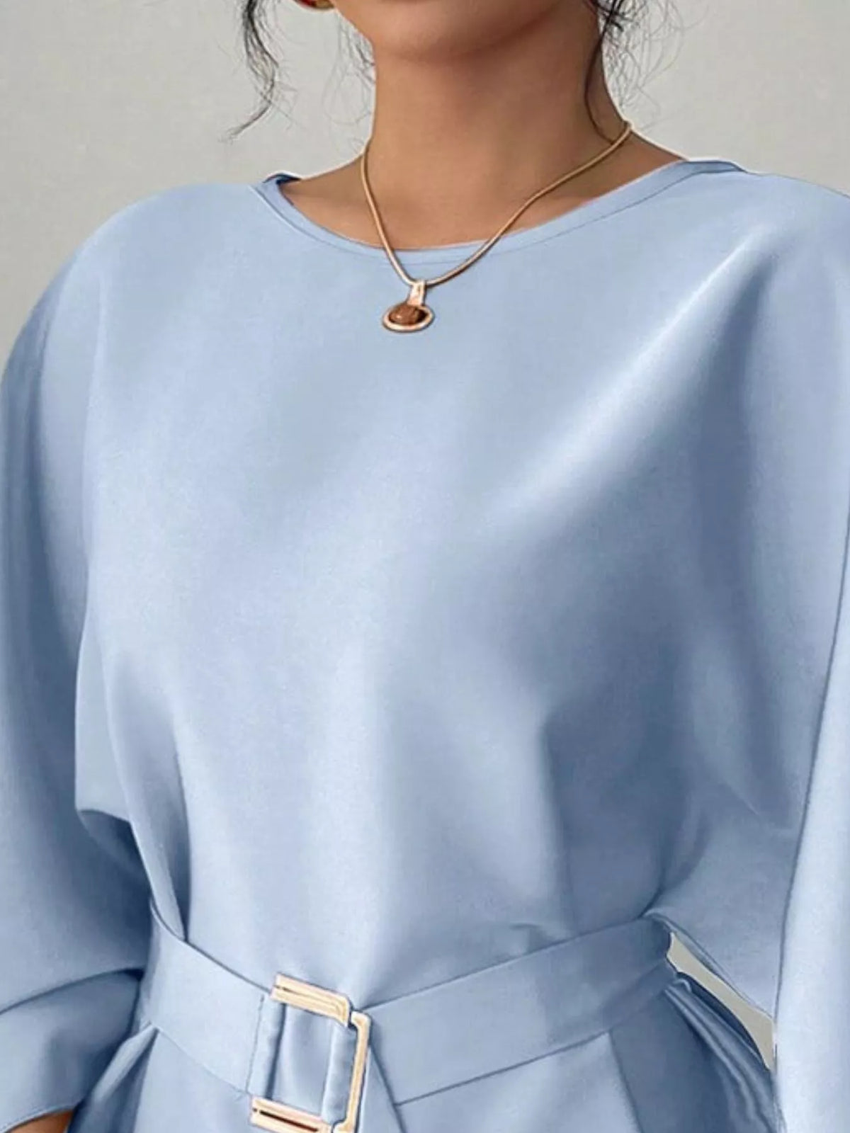 Round Neck Belt Batwing Sleeve Blouse - Lilixa.store