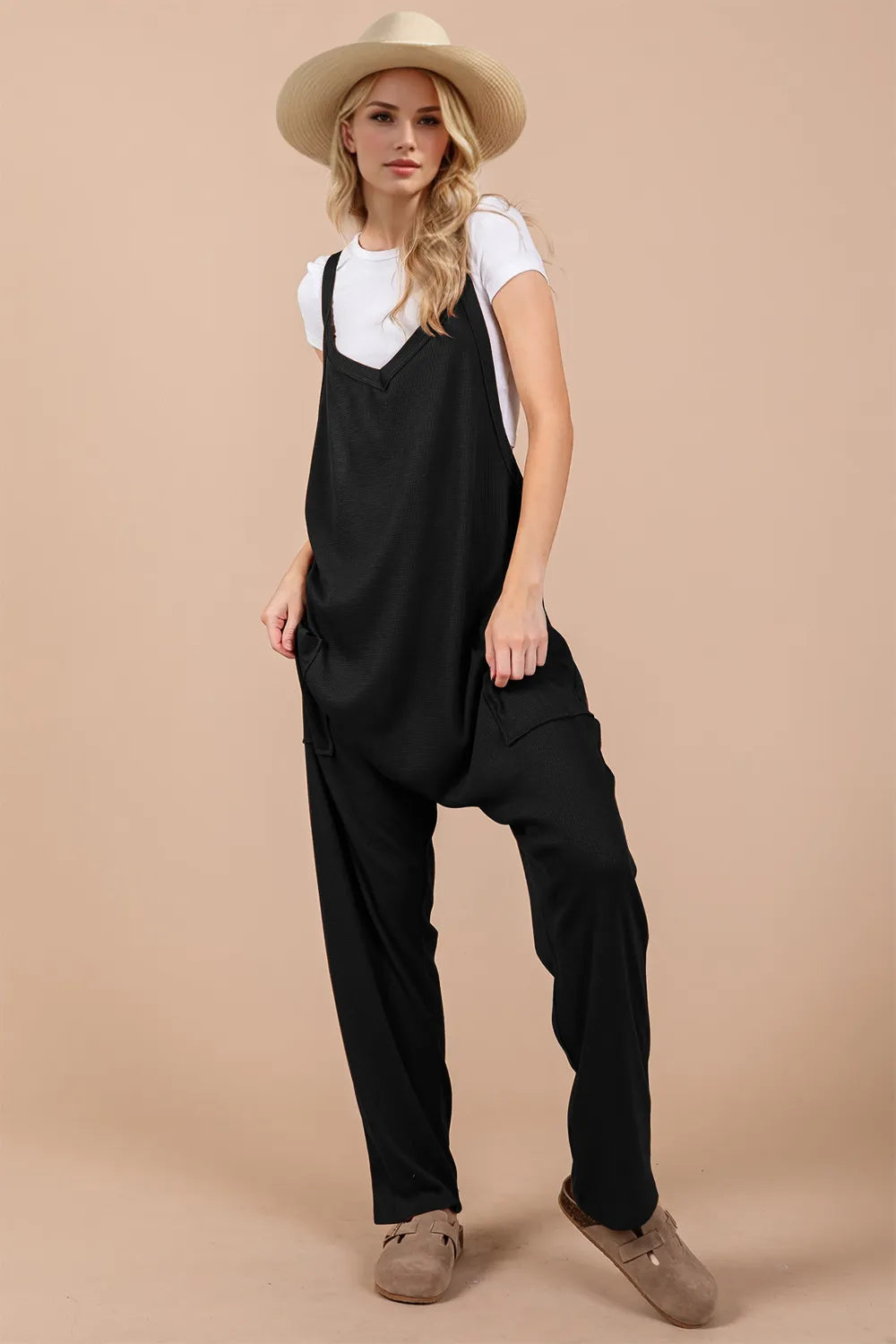 Oh Full Size V-Neck Wide Strap Overalls with Pockets in Black