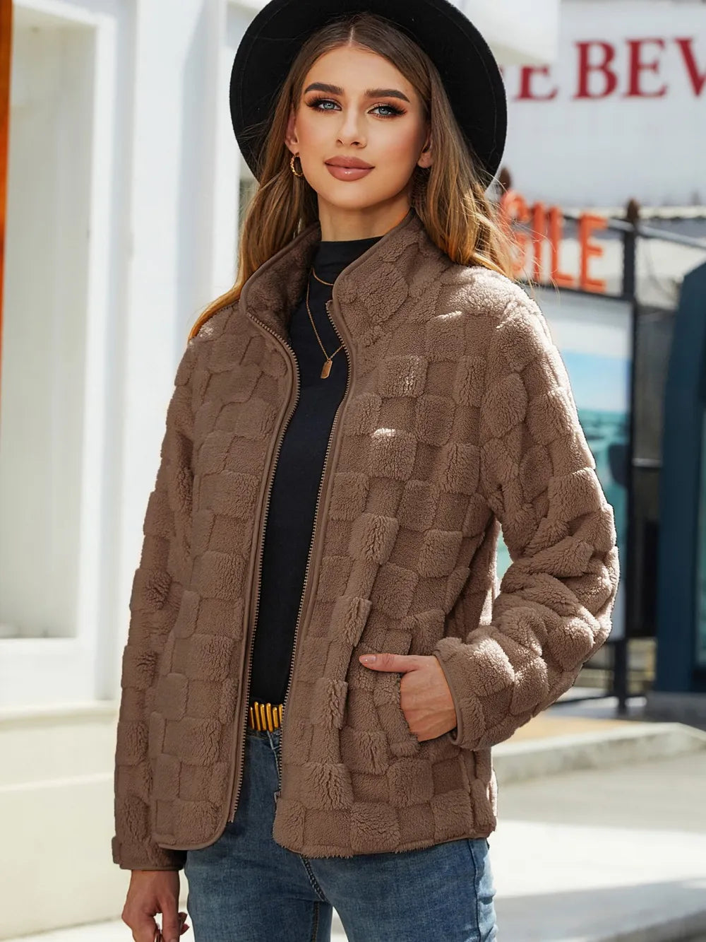 Fuzzy Checkered Zip Up Jacket in Brown