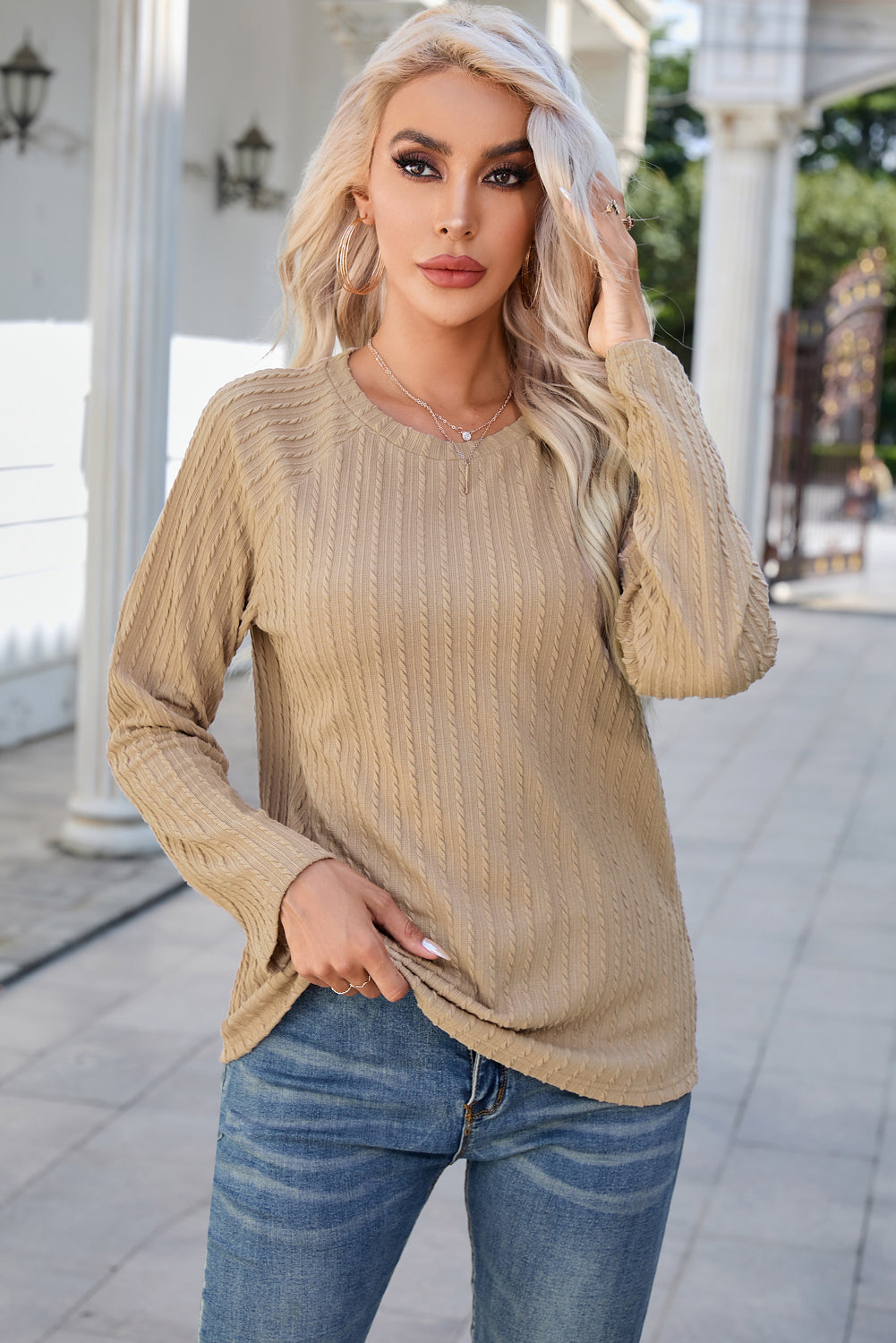 Round Neck Raglan Sleeve Ribbed Blouse - Lilixa.store