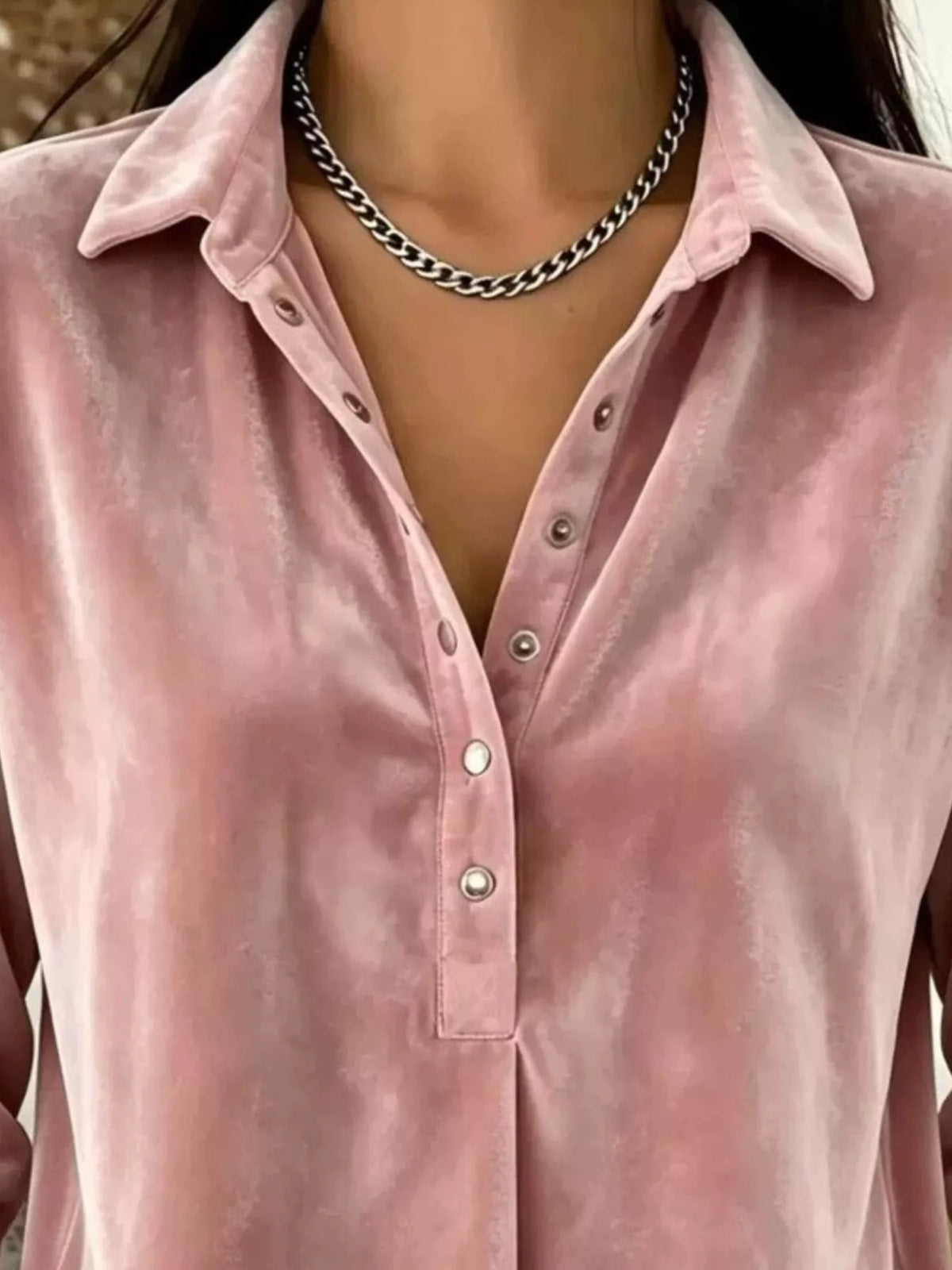 Velvet Snap Down Long Sleeve Blouse in Dusty Pink, view 2