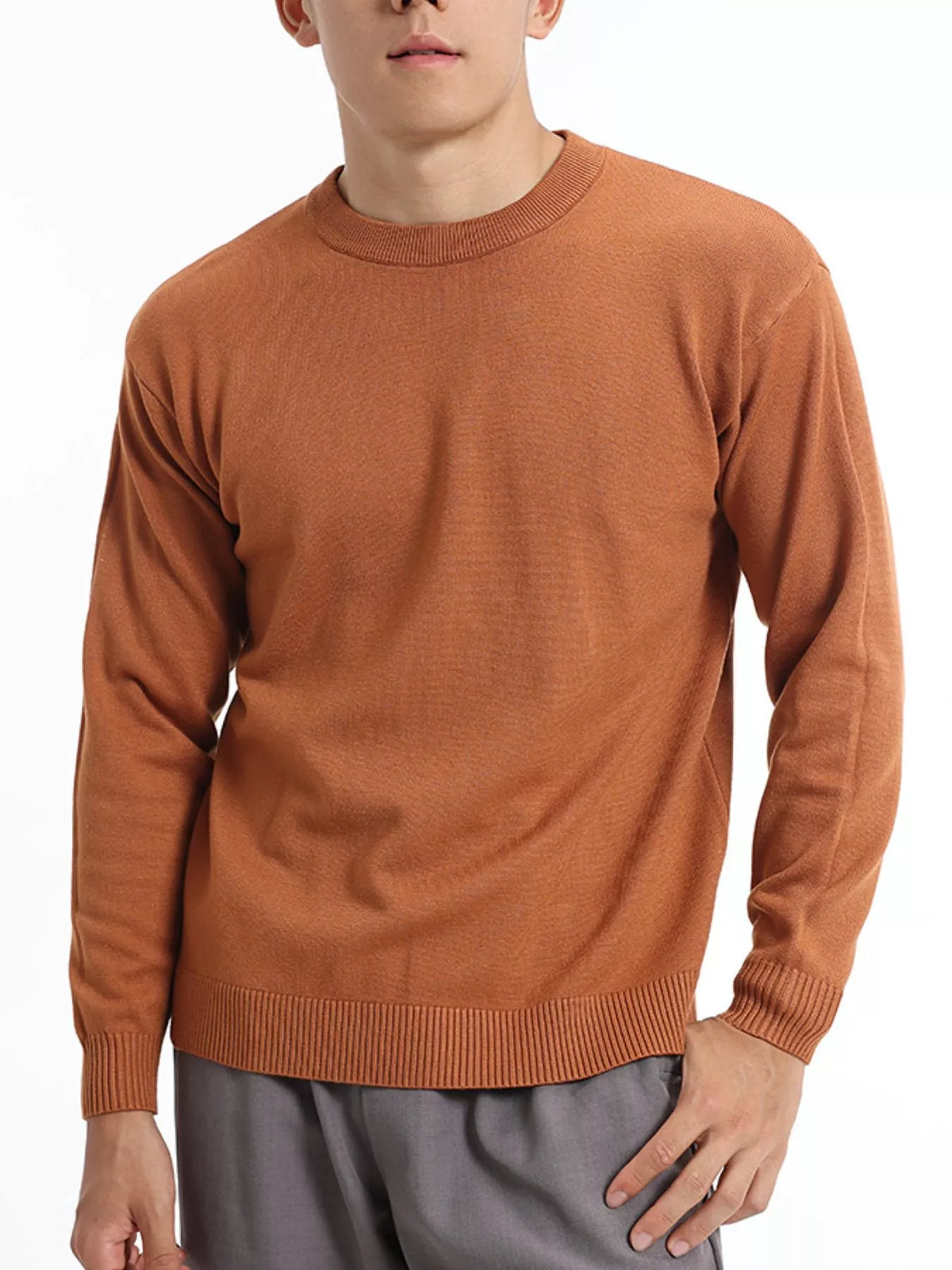 Men's Minimalist Crew Neck Sweater with Ribbed Cuffs in Terracotta